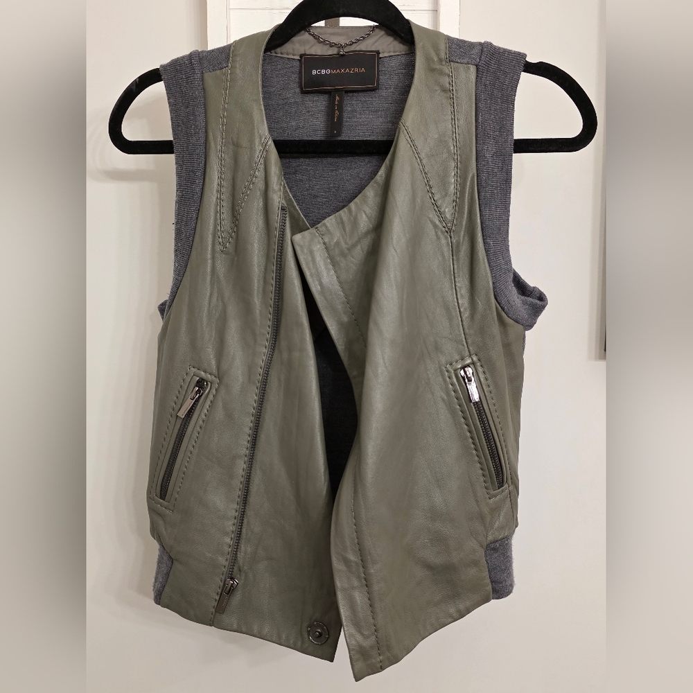 BCBGMAXAZRIA Olive Green Leather And Merino Wool Vest - Picture 5 of 9